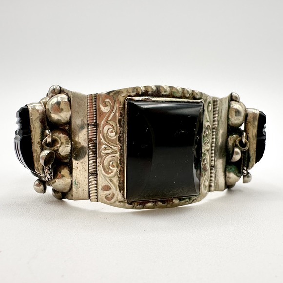 Taxco Mexican Sterling Silver Aztec Panel Bracelet w Hand Carved Onyx Signed JPR - Picture 10 of 13